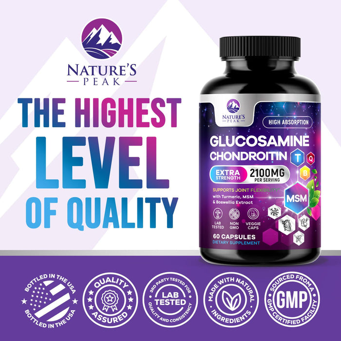 Glucosamine Chondroitin MSM Joint Supplement 2100mg - with Glucosamine Sulfate, Turmeric, Boswellia, Quercetin & Bromelain â€“ Nature's Extra Strength Flexibility, Mobility & Joint Support, 60 Capsules