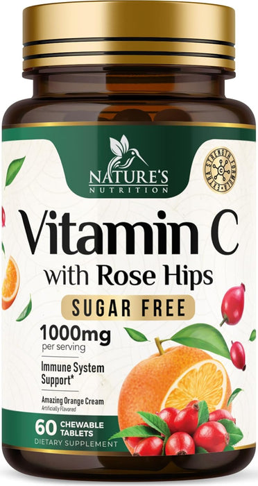 Vitamin C Chewable 1000mg - Extra Strength Antioxidants for Powerful Immune Support w/Vitamin C & Rose HIPS - Potent Dietary VIT C Chews Supplement, Natural, Vegan, Gluten-Free, Non-GMO - 60 Tablets