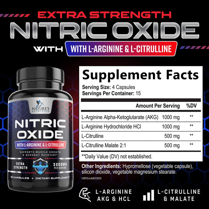 Nitric Oxide Formula with L-Arginine + Citrulline – 3000mg – 60 Capsules