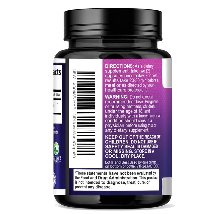 Lions Mane Mushroom Capsules 10,000mg - Lion’s Mane Supplement Capsules for Memory and Focus Support, Brain, Immune Health Support, Vegan, Bottled in USA, Lions Mane Mushroom Powder Extract, 60 Count
