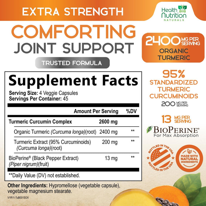 Turmeric Curcumin Supplement 2600mg - 95% Curcuminoids with Organic Turmeric & BioPerine Black Pepper for Best Absorption, Nature's Vegan Joint Support, Non-GMO Tumeric, Bottled in USA - 180 Capsules