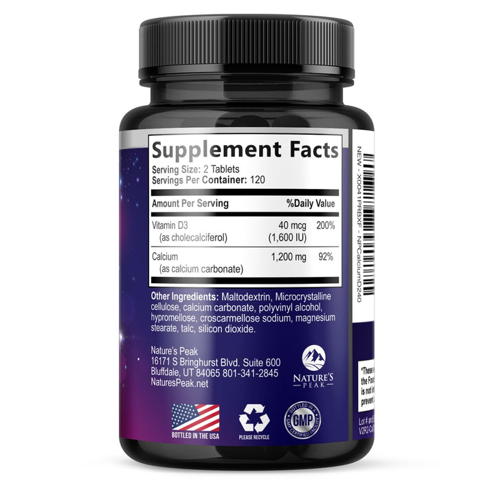 Calcium 1200 mg with Vitamin D3, Calcium Supplement Vitamins, Bone, Teeth & Immune Health Support, Calcium Supplements with D for Women & Men, Nature's Absorbable Calcium Carbonate - 240 Tablets