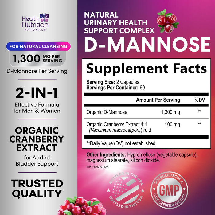 D-Mannose Supplement 1,000mg - with Cranberry, Hibiscus & Dandelion - Fast-Acting, Natural Urinary Tract & Bladder Support for Women & Men – Flush & Cleanse Impurities – Non-GMO, Vegan – 120 Capsules