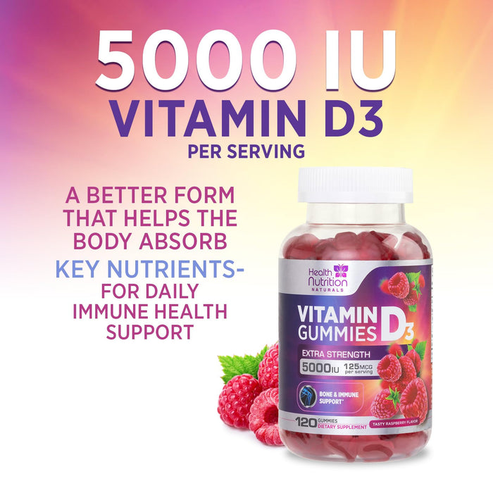 Vitamin D3 Gummies 5000 IU (125 mcg) - Extra Strength Immune Support, Bone, Teeth and Muscle Vitamin D Gummy Dietary Supplement, Nature's Berry D Vitamin Supplement, Raspberry, Non-GMO - 120 Gummies