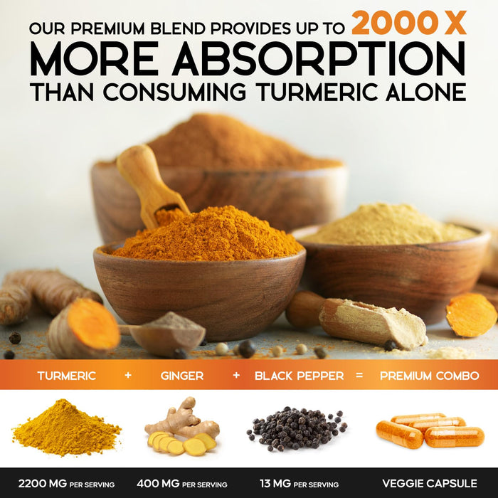 Turmeric Curcumin Supplement 2600mg - with Organic Ginger & Turmeric, 95% Curcuminoids, BioPerine Black Pepper for Best Absorption, Nature's Vegan Joint Support, Non-GMO, Bottled in USA - 120 Capsules