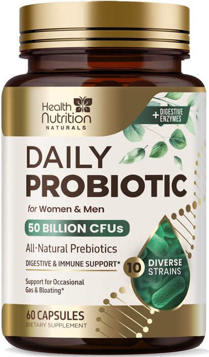 Probiotics 60 Billion CFU + 10 Strains - Daily Probiotic Lactobacillus Blend for Immune, Digestive & Gut Health Support, Prebiotics and Probiotics, Gas & Bloating for Women & Men - 60 Capsules