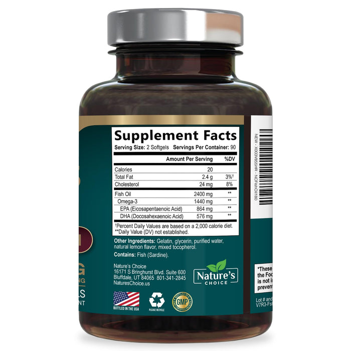 Omega 3 Fish Oil Supplement 2400 mg - Triple Strength EPA & DHA Fish Oil Omega 3, Essential Fatty Acids Supplement Softgels, Brain & Heart Health Support Supplements, Gluten Free Non-GMO, 180 Softgels