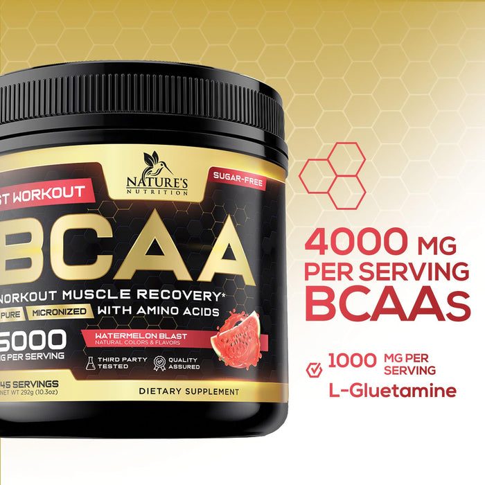 BCAA Powder 4g BCAA Amino Acids 2:1:1, 1g L-Glutamine, Vitamin B6 Complex - Energy Daily Powder Replenisher Post Workout - Muscle Recovery Support Drink for Men & Women, Sugar Free, Keto - 45 Servings