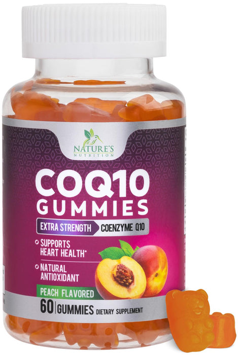 Nature's Nutrition CoQ10 Gummies 100mg â€“ High Absorption Coenzyme Q10 Supplement for Heart Health, Energy & Antioxidant Support â€“ Peach Flavor Gummy, Vegan, Non-GMO, Gluten Free â€“ 60 Count