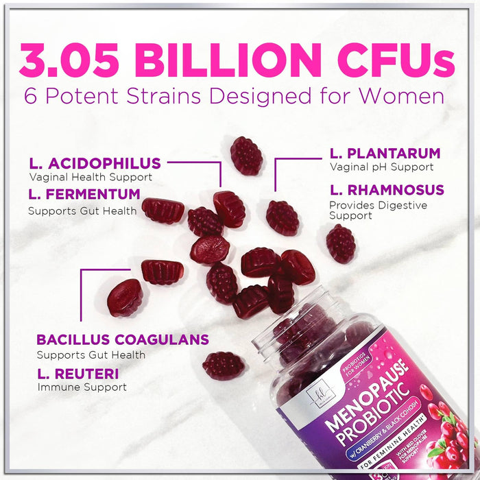 Menopause Supplements for Women Gummies with Black Cohosh, Cranberry 3 Billion CFU Probiotics - Complete Menopause Balance Relief for Hot Flashes, Night Sweats, PH, Vaginal Health Support - 60 Gummies
