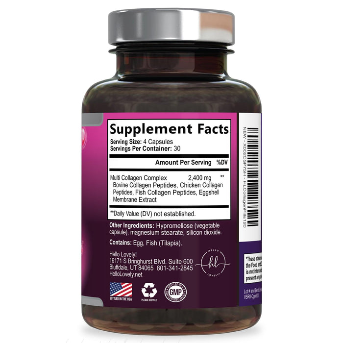Multi Collagen Peptides Supplement - Hydrolyzed Types I, II, III, V & X Multi Collagen Pills, Hydrolyzed Collagen Peptides Supplements, Hair, Skin, Nail, and Joint Support Supplement, 120 Capsules
