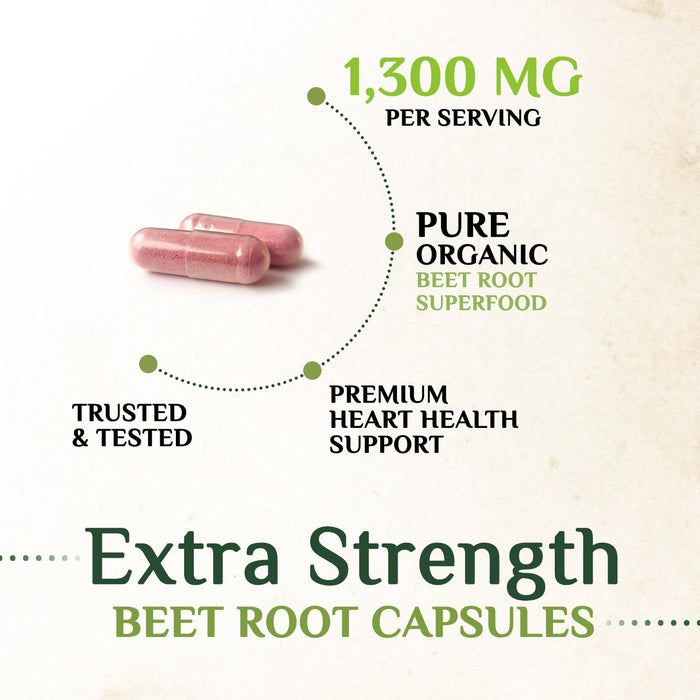 Beet Root Capsules 1300mg - Organic Red Beetroot Powder - 120 Vegan Capsules