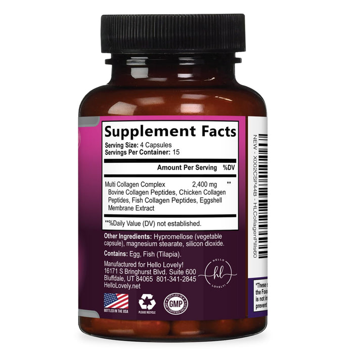 Multi Collagen Peptides Supplement - Hydrolyzed Types I, II, III, V & X Multi Collagen Pills, Hydrolyzed Collagen Peptides Supplements, Hair, Skin, Nail, and Joint Support Supplement, 60 Capsules