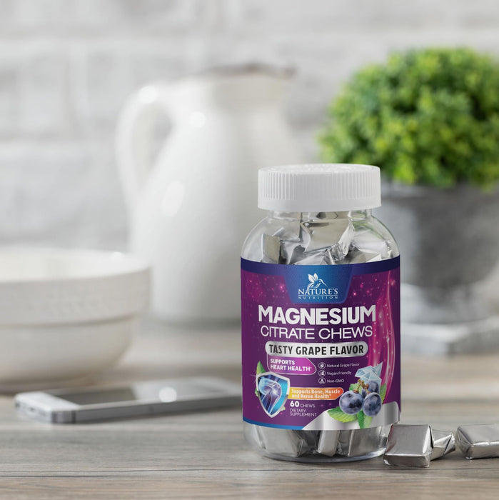 Magnesium Citrate Supplement Gummies 100mg - High Absorption Magnesium Citrate Soft Chews for Heart, Muscle, Calm, & Nerve Health Support, Vegan Chewable Gummies for Adults, Grape-Flavor - 60 Count