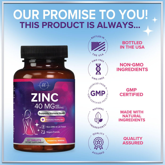 Zinc Supplements for Women and Men - 40mg Supplement for Immune Support, Skin Health Support, & Antioxidant Supplement for Adults, High Potency Zinc Gluconate 40 mg, Non-GMO - 60 Tablets