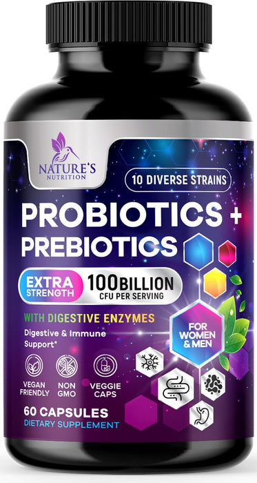 Probiotics for Women & Men 100 Billion CFU - 10 Strains with Lactobacillus, Digestive Gut Health Probiotics & Immune Support Supplement, Supports Occasional Constipation, Gas & Bloating - 60 Capsules