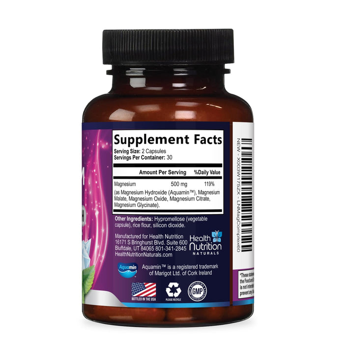 Magnesium Complex Capsules 500 mg with Oxide, Glycinate, Malate, Citrate - High Absorption Complex Chelated Magnesium Mineral Supplements - for Muscle, Bone and Heart Health Support - 60 Capsules