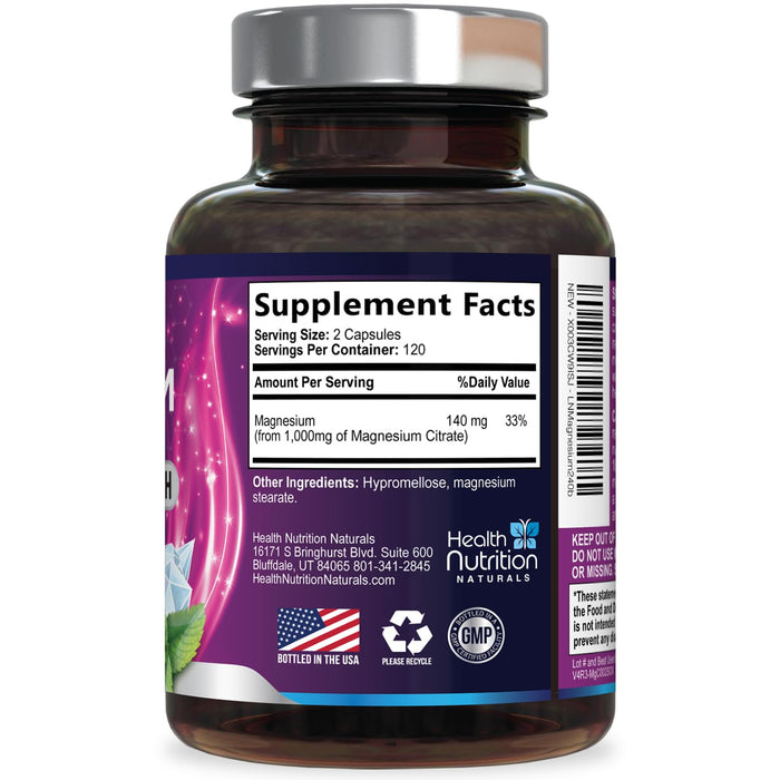 Magnesium Citrate Capsules 1000mg - Max Absorption Magnesium Powder for Muscle, Nerve, Bone and Heart Health Support, High Absorption Citrate Complex, Gluten Free, Non-GMO - 240 Capsules