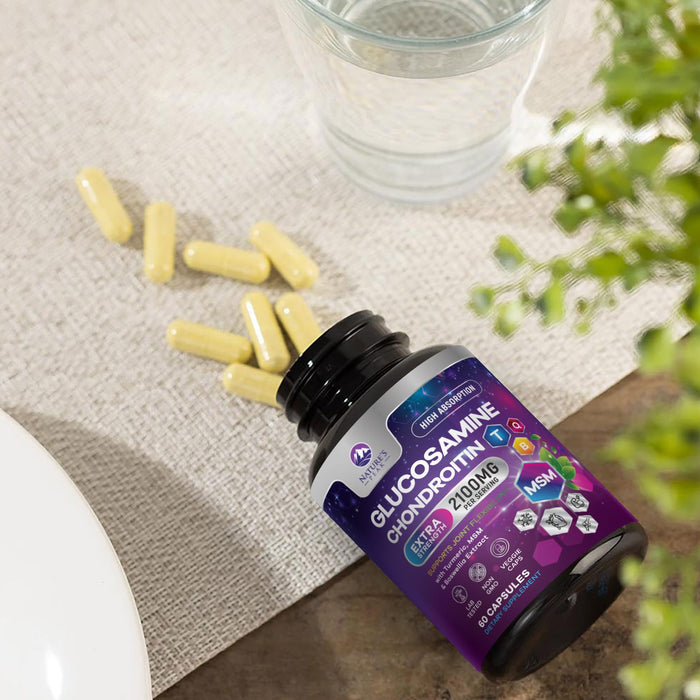Glucosamine Chondroitin MSM Joint Supplement 2100mg - with Glucosamine Sulfate, Turmeric, Boswellia, Quercetin & Bromelain â€“ Nature's Extra Strength Flexibility, Mobility & Joint Support, 60 Capsules