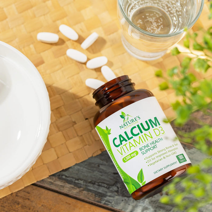 Calcium Supplement with Vitamin D - 1200 mg Calcium Carbonate with 1600 IU of D3 Vitamins - Supports Bone Strength, Teeth & Immune System - Natural & Easily Absorbable for Women & Men - 180 Tablets