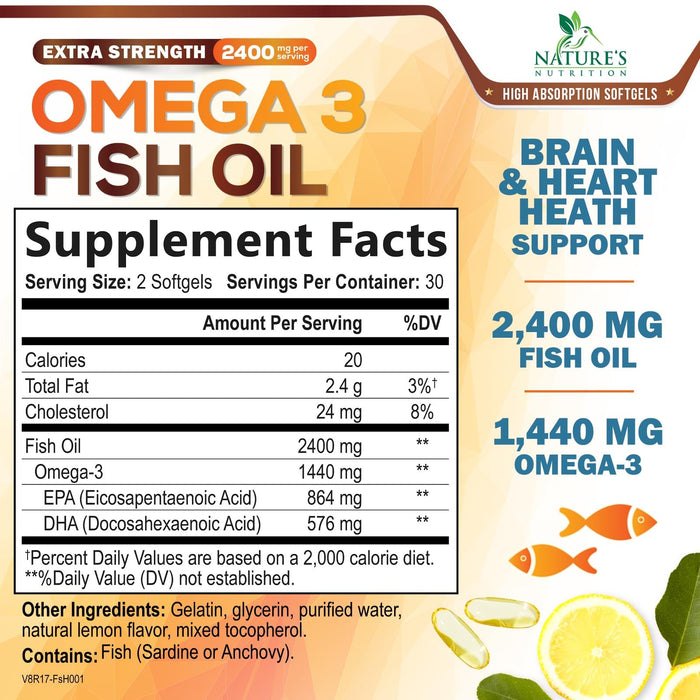 Omega 3 Fish Oil 2400 mg - Triple Strength EPA & DHA Fatty Acids for Heart, Brain & Joint Support Wild-Caught, Burpless, Lemon Flavor Supplement Natural, Non-GMO, Gluten-Free - 60 Softgels