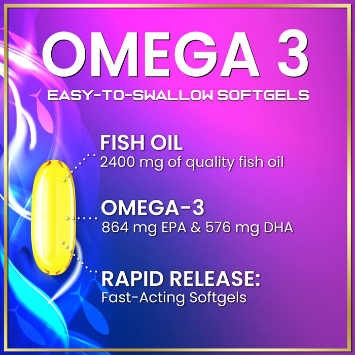 Omega 3 Fish Oil Supplements 2400mg - Triple Strength Omega 3 Fatty Acids, Natural Heart Health Brain & Joint Support - Fatty Acids with EPA & DHA - Wild Caught Fish Oil Supplement - 60 Softgels