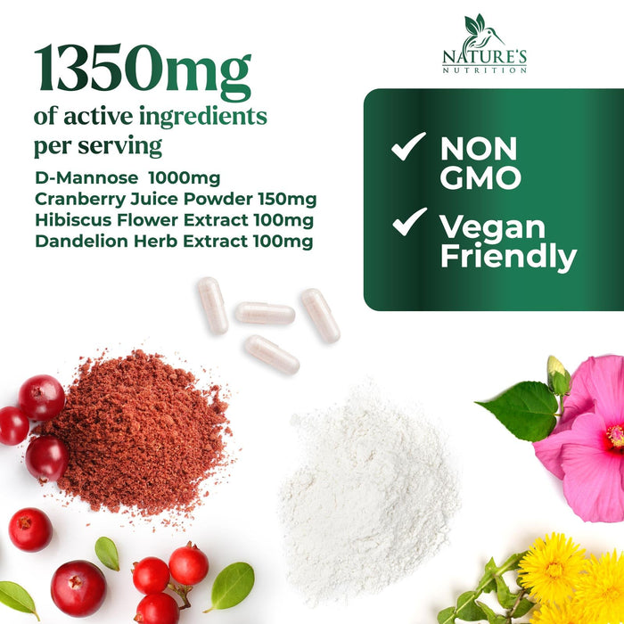 D-Mannose Supplement 1,350 mg with Cranberry & Hibiscus - Effective Fast-Acting, Flush the Impurities for Natural Bladder, Urinary Tract Health Support, for Women and Men, Non-GMO, Vegan, 180 Capsules