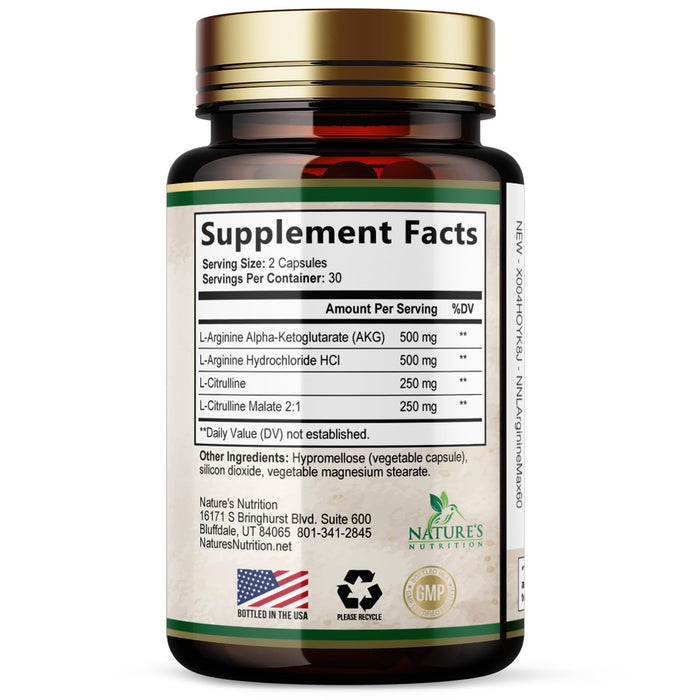L-Arginine Supplement 1000mg with L-Citrulline - Heart Health Support - Muscle Supporting Nitric Oxide Precursor Booster for Extra Strength - Non-GMO Amino Acid Energy Blend For Men - 60 Capsules