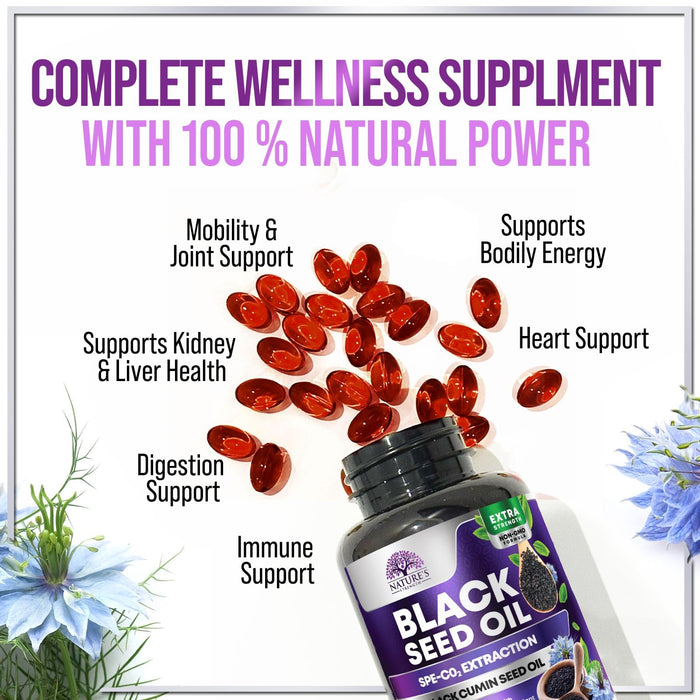 Black Seed Oil Capsules 1000mg with Thymoquinone - Pure Nigella Sativa for Skin Health & Immune Support, 100% Blackseed Oil, Amazing Extraction Above Cold Pressed Black Cumin Seed - 120 Softgels