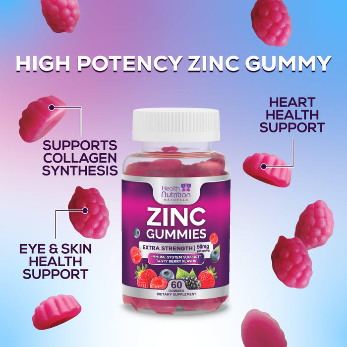 Zinc Supplement 50mg Gummies for Adults - Max Strength Skin Health & Immune Support Gummy, Vegan, Non-GMO & Gluten Free, Natureâ€™s Antioxidant & Bone Health Chewable Tasty Berry Flavor - 60 Gummies