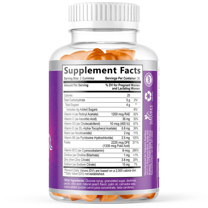 Prenatal Vitamins for Women Gummies, Folic Acid 1335mcg Pregnancy Vitamins for Fetal Support, Vitamin A, C, D3, B12, B6 & Folate, Prenatal Multivitamin Gummy for Pregnant & Nursing Women - 60 Gummies