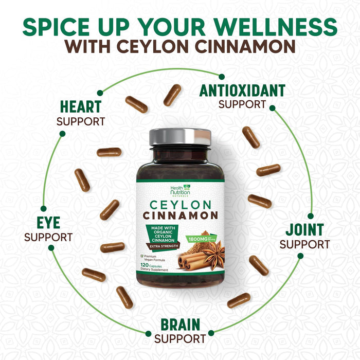 Ceylon Cinnamon Capsules 1800mg - Certified Organic Ceylon Cinnamon Powder Supplement, Bottled in USA, Extra Strength Energy & Heart Support Pills, Non-GMO & Gluten Free, Sugar Free - 120 Capsules