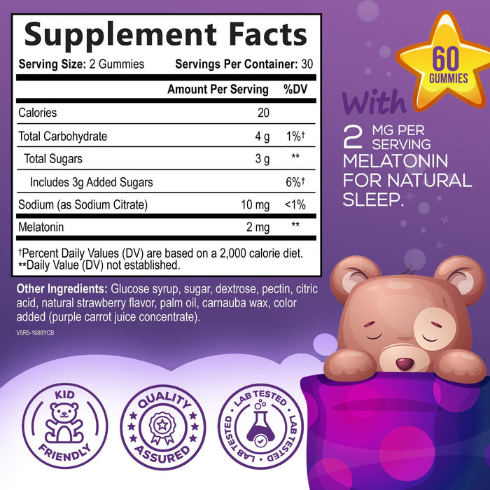 Kids Sleep Gummies 2mg - Children's Sleep Gummy with Melatonin, Non-Habit Forming, Works with Natural Sleep Cycle, Supports Peaceful, Restful Sleep, Calm & Drug-Free, Natural Berry Flavor, 60 Gummies
