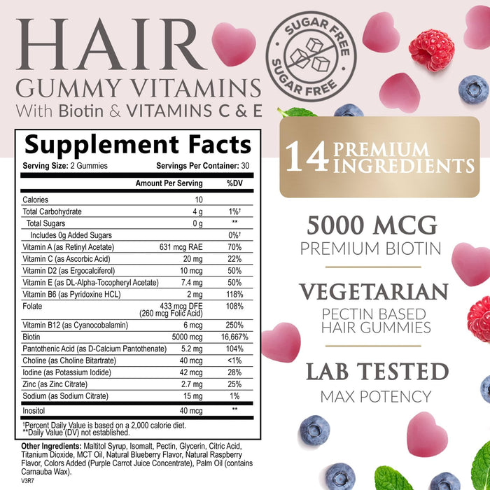 Sugar Free Hair Vitamins Gummies with Biotin 5000 mcg, Vitamin A, B12, C, D, E, Folic Acid, Supports Hair Growth Gummy, Vegetarian Friendly, Supports Strong Beautiful Hair and Nails - 60 Gummies