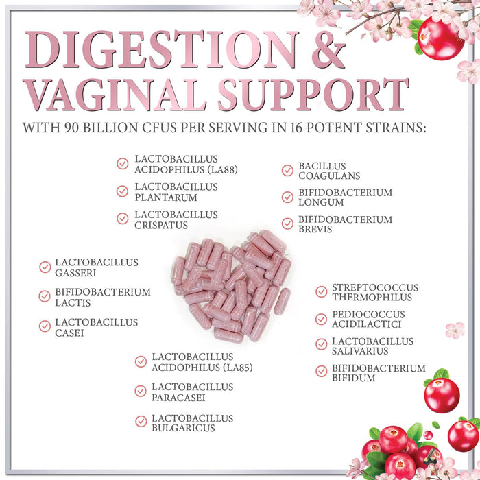 Probiotics for Women Supplement with Cranberry - 16 Premium Strains for PH Balance, Digestive Health, Vaginal & Immune Support, 90 Billion CFU, Women's Probiotic, UT, & Feminine Health - 60 Capsules