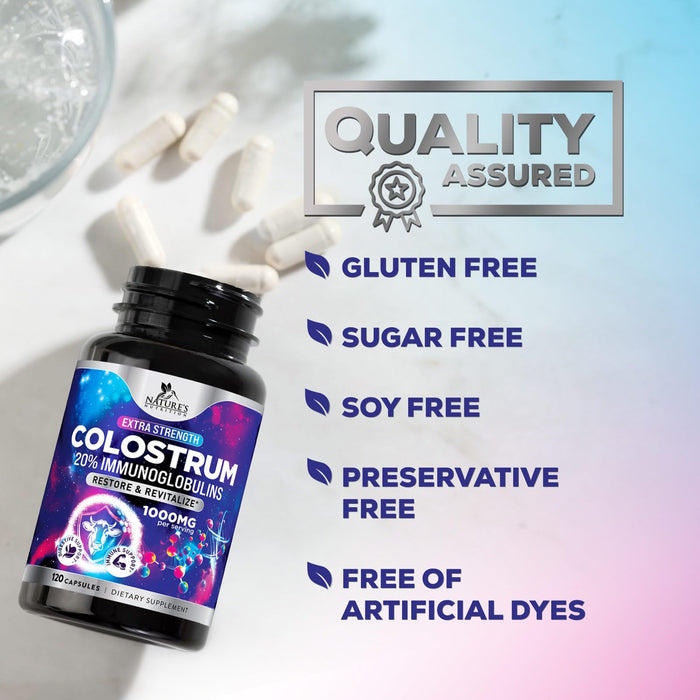 Colostrum For Women Supplement 1000mg 20% Immunoglobulins for Muscle, Skin & Hair Support - Gut Health Digestive & Immune Support - Bovine Colostrum Powder - Gluten Free & Unflavored - 120 Capsules