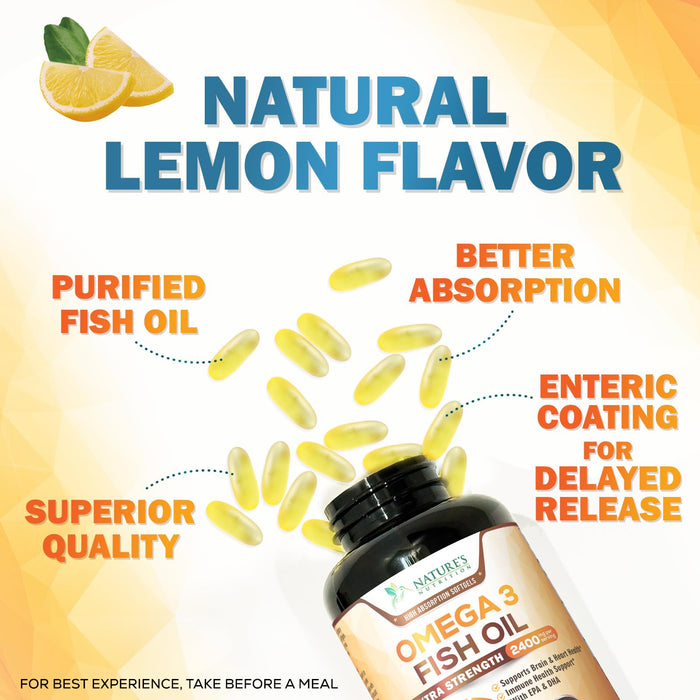 Omega 3 Fish Oil 2400 mg - Triple Strength EPA & DHA Fatty Acids for Heart, Brain & Joint Support Wild-Caught, Burpless, Lemon Flavor Supplement Natural, Non-GMO, Gluten-Free - 240 Softgels