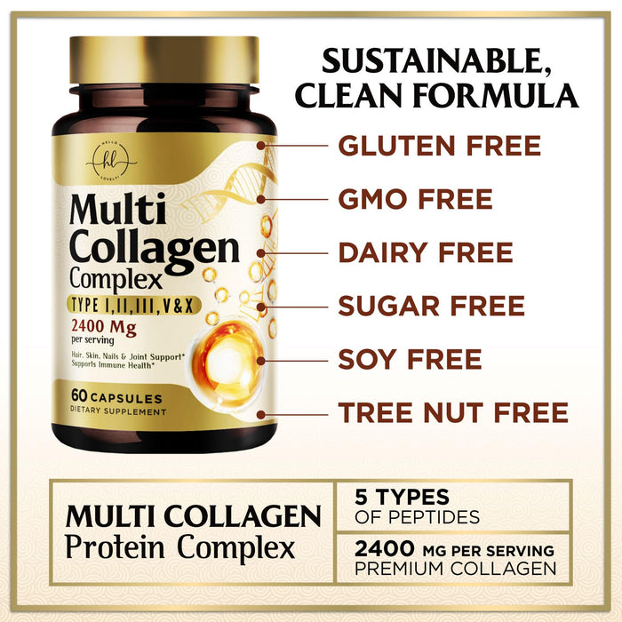 Multi Collagen Peptides for Women – 2400mg Best Hydrolyzed Collagen Complex with 5 Types (I, II, III, V, X) - Grass Fed – Hair, Skin, Nail, Bone & Joint Support for Beauty & Wellness – 60 Capsules