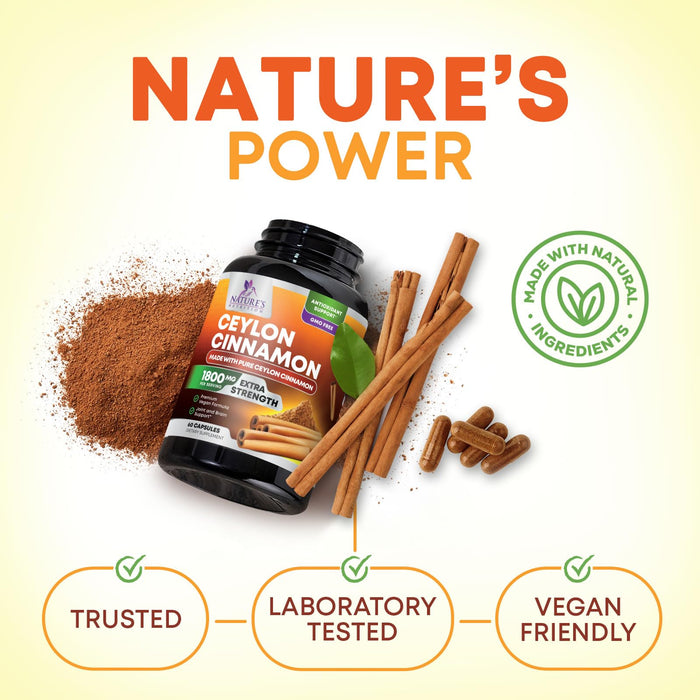Organic Ceylon Cinnamon Supplement 1800mg - Certified Organic Ceylon Cinnamon Powder Pills - Energy & Heart Support for Women & Men, Bottled in USA, Antioxidant, Gluten Free, Non-GMO - 60 Capsules