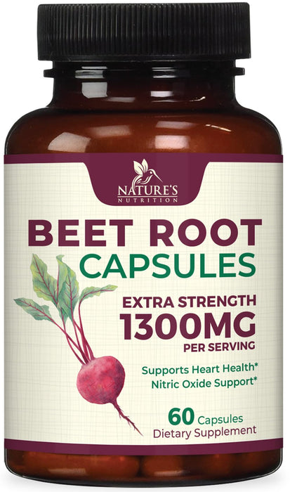 Beet Root Capsules 1300mg - Extra Strength Red Beetroot Powder Supplement â€“ Supports Nitric Oxide Production, Heart Health & Natural Energy â€“ Non-GMO, Vegan, Gluten Free â€“ 60 Veggie Capsules