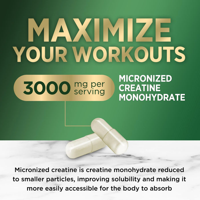 Creatine Monohydrate Capsules 3000mg â€“ Best Micronized Creatine Powder - Supports Lean Muscle, Strength, Energy, & Endurance - Nature's Supplement, Non-GMO, Gluten Free for Women & Men - 60 Capsules