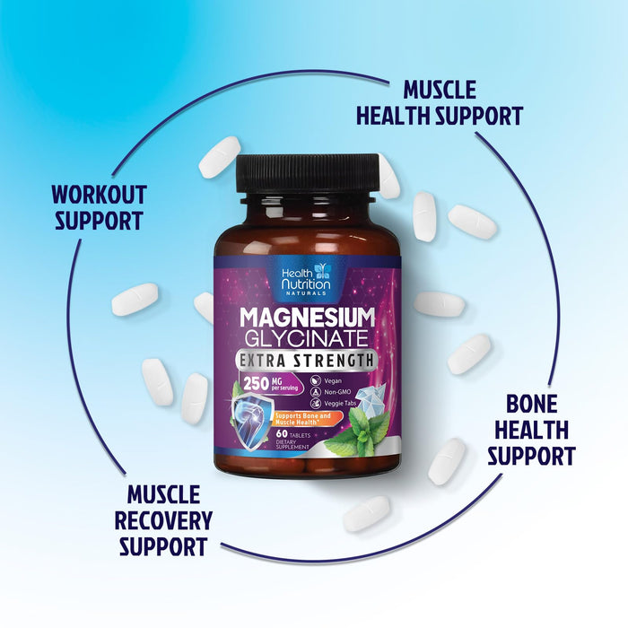 Magnesium Glycinate 250mg - 100% Chelated Magnesium for Max Absorption - Sleep Support, Muscle, Nerves, Bone & Heart Health Support, Best Mag Supplement, Vegan Non-GMO, 3rd Party Tested - 60 Tablets