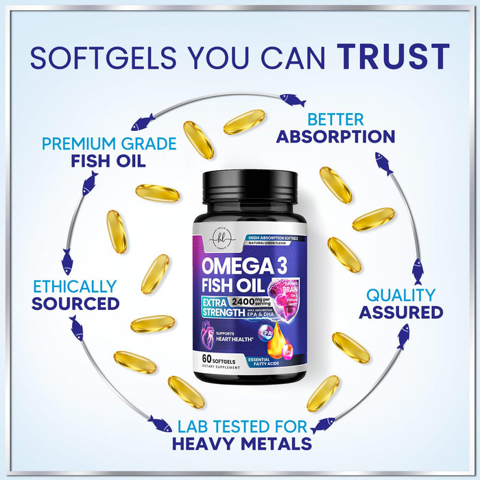 Omega 3 Fish Oil Supplements 2400mg - Triple Strength Omega 3 Fatty Acids, Natural Heart Health Brain & Joint Support - Fatty Acids with EPA & DHA - Wild Caught Fish Oil Supplement - 60 Softgels