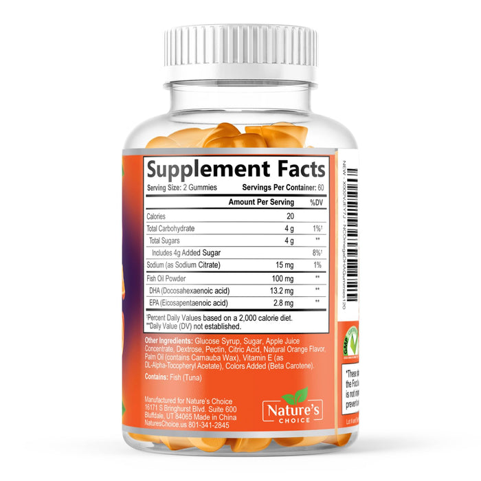 Omega 3 Fish Oil Gummies - Triple Strength Omega3 Gummy - DHA & EPA Fatty Acids for Heart Health, Joint & Brain Support, Nature's High Absorption Omega Fish Oil Supplement, Orange Flavor- 120 Gummies