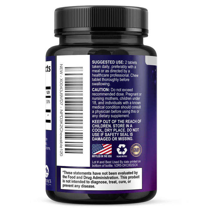 Vitamin D3 K2 - 5000 iu Vitamin D3 & 100 mcg Vitamin K2 (MK-7) Complex for Immune Support - Bone, Teeth & Muscle Health Support - Berry Chewable, Gluten Free, Non-GMO, Made in USA - 120 Tablets