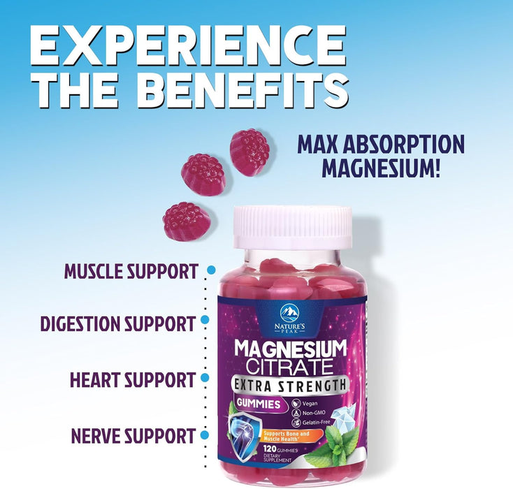 Magnesium Citrate Supplement Gummies - High Absorption Magnesium Gummy for Adults & Kids, Magnesio Citrate Supplements for Bone, Muscle Health, Heart Support, Vegan, Gluten Free, Non-GMO - 120 Gummies
