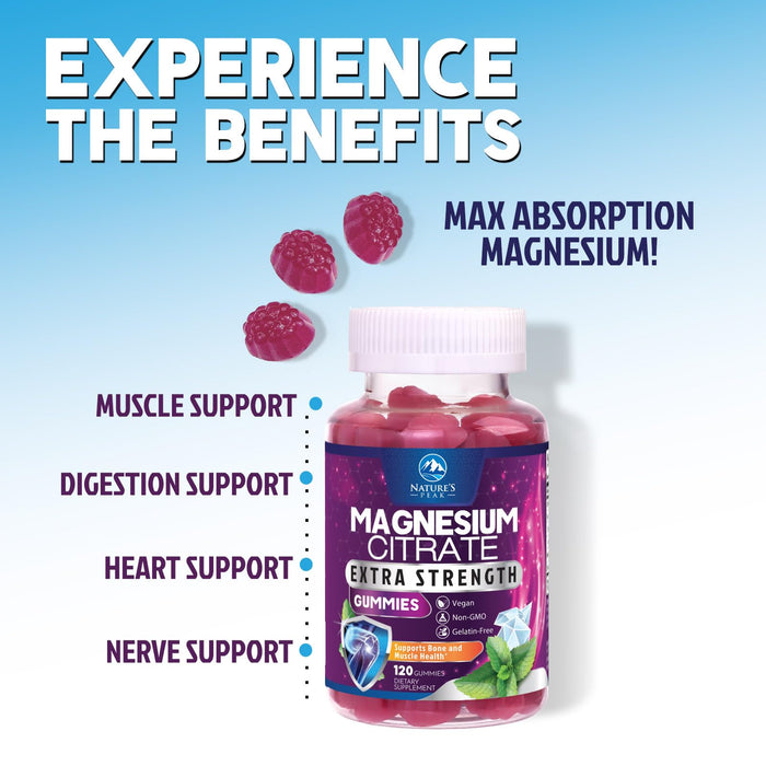 Magnesium Citrate Supplement Gummies - High Absorption Magnesium Gummy for Adults & Kids, Magnesio Citrate Supplements for Bone, Muscle Health, Heart Support, Vegan, Gluten Free, Non-GMO - 120 Gummies