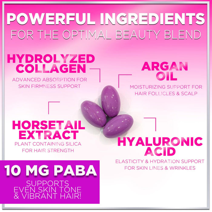 Hair, Skin & Nails Vitamins for Women - Biotin 5000mcg to Support Hair Growth with Argan Oil, Collagen & Hyaluronic Acid, Beautiful, Stronger Skin, Hair & Nails Vitamin Supplement - 120 Softgels