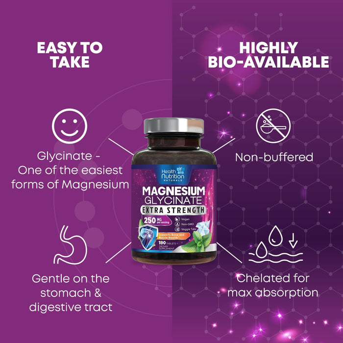 Magnesium Glycinate 250mg - 100% Chelated Magnesium for Max Absorption - Sleep Support, Muscle, Nerves, Bone & Heart Health Support, Best Mag Supplement, Vegan Non-GMO, 3rd Party Tested - 180 Tablets