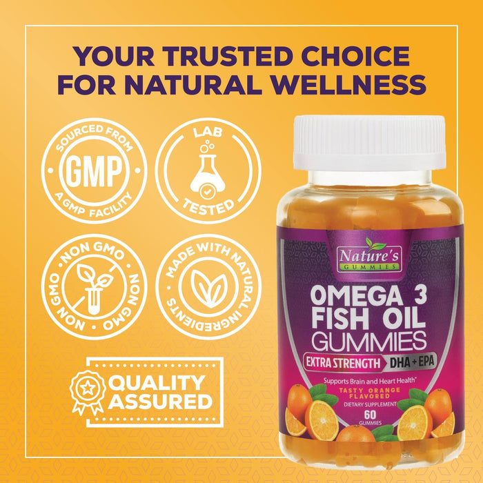 Omega 3 Fish Oil Gummies, Heart Healthy Omega 3 Gummy Supplement with High Absorption DHA & EPA, Extra Strength Joint & Brain Support, Delicious Orange Flavor Fish Oil Nature's Vitamin - 60 Gummies